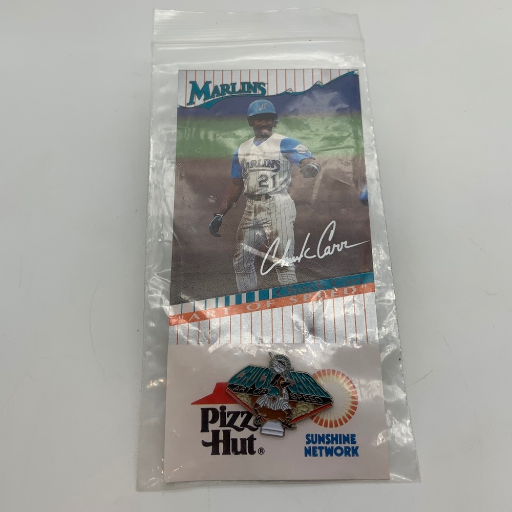 Vintage Florida Marlins Chuck Carr Art of Speed Baseball MLB Pin and Card